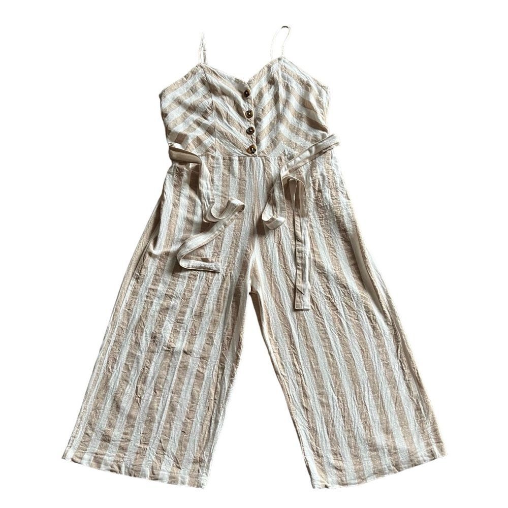 Kensie White Tan Stripe Jumpsuit Cotton Linen Spaghetti Strap Wide Leg Cropped - Picture 2 of 16